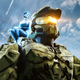 The Weapon sits on Master Chief's shoulder as Zeta Halo looms in the background in concept art for Halo Infinite.